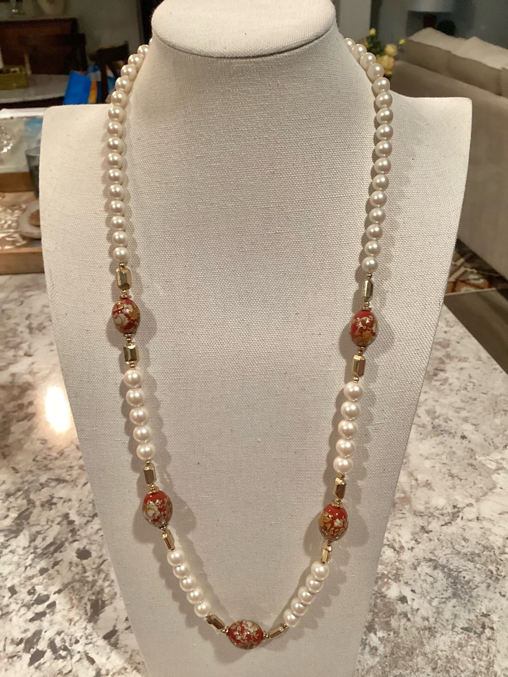 Artisan Handcrafted Classic Pearl Necklace with Red Floral Accent Beads